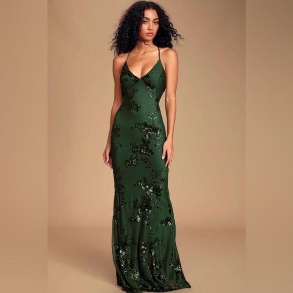 Lulu’s Valhalla Forest Green Sequin Lace-Up Maxi Dress Size Large - Picture 2 of 16